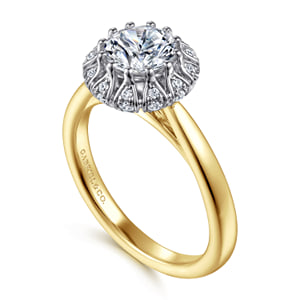 14K White-Yellow Gold Round Halo Diamond Engagement Ring — Gabriel & Co. ER15755Q4M44JJ; center stone shown for illustration, not included