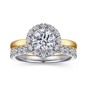 14K White-Yellow Gold Round Halo Diamond Engagement Ring — Gabriel & Co. ER15755Q4M44JJ; center stone shown for illustration, not included