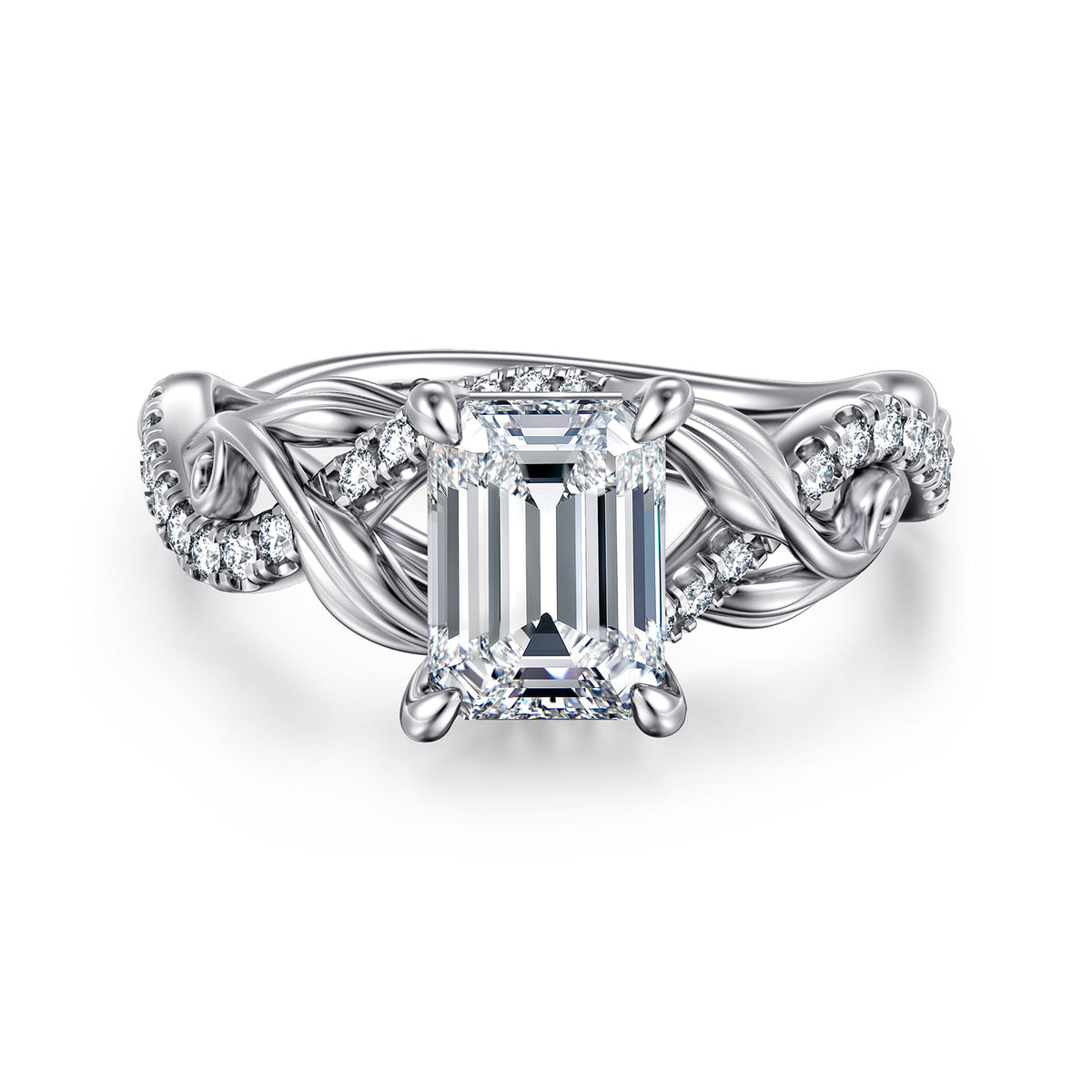 14K White Gold Floral Emerald Cut Diamond Engagement Ring — ER15759E6W44JJ; center stone shown for illustration, not included
