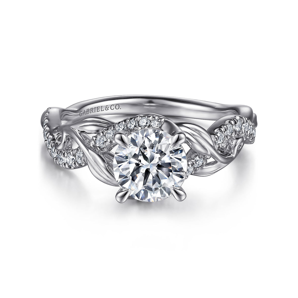 14K White Gold Floral Round Diamond Engagement Ring — ER15759R4W44JJ; center stone shown for illustration, not included
