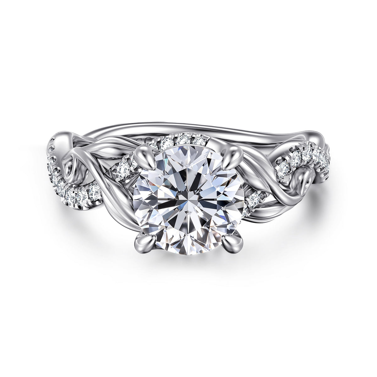 14K White Gold Floral Round Diamond Engagement Ring — Gabriel & Co. ER15759R6W44JJ; center stone shown for illustration, not included