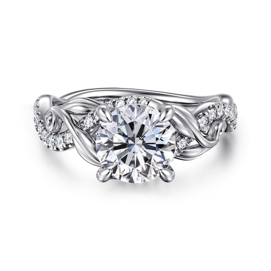 14K White Gold Floral Round Diamond Engagement Ring — Gabriel & Co. ER15759R6W44JJ; center stone shown for illustration, not included