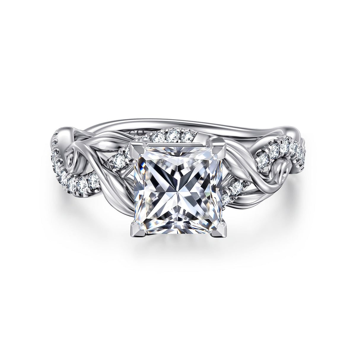 14K White Gold Floral Princess Cut Diamond Engagement Ring — ER15759S6W44JJ; center stone shown for illustration, not included