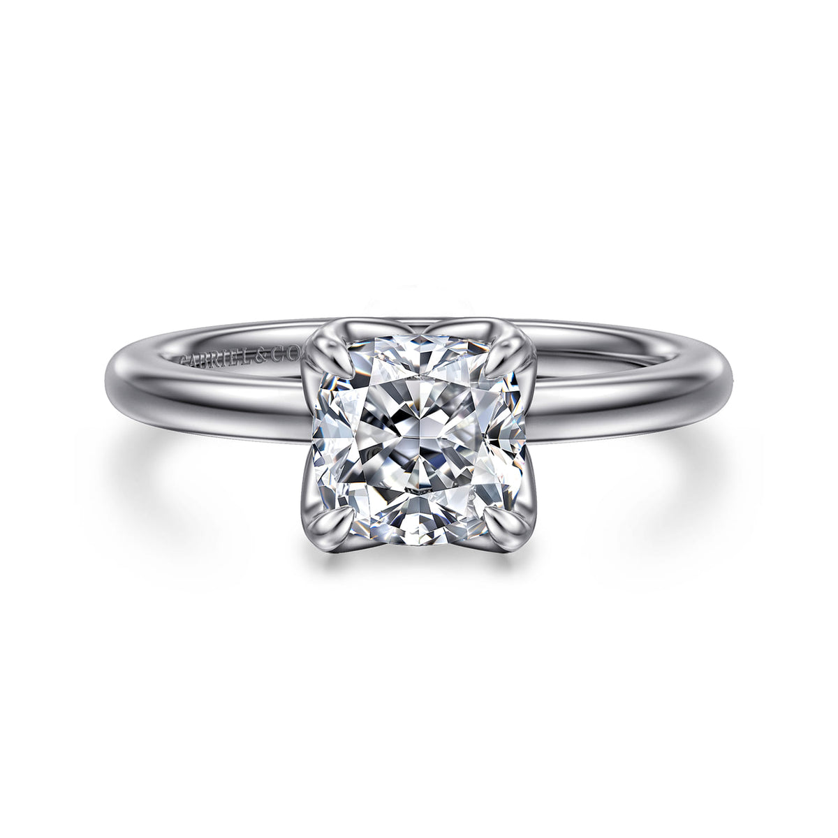 14K White Gold Cushion Cut Solitaire Engagement Ring — ER15761C6W4JJJ; center stone shown for illustration, not included