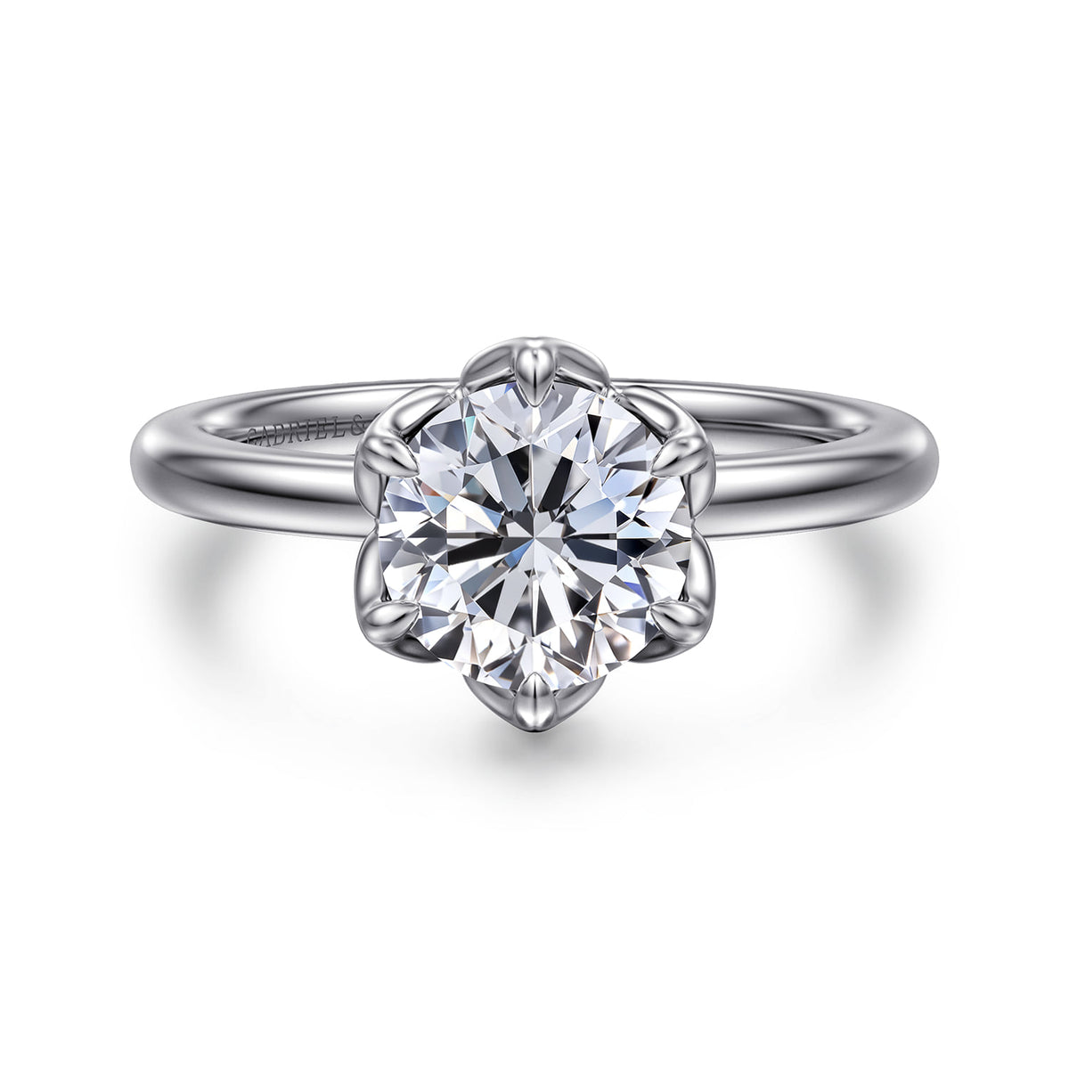 14K White Gold 6 Prong Round Solitaire Engagement Ring — ER15761R6W4JJJ; center stone shown for illustration, not included
