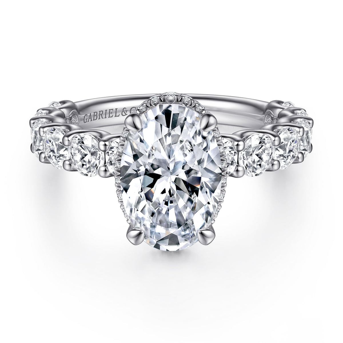 14K White Gold Oval Hidden Halo Diamond Engagement Ring — Gabriel & Co. ER15817O10W44JJ; center stone shown for illustration, not included