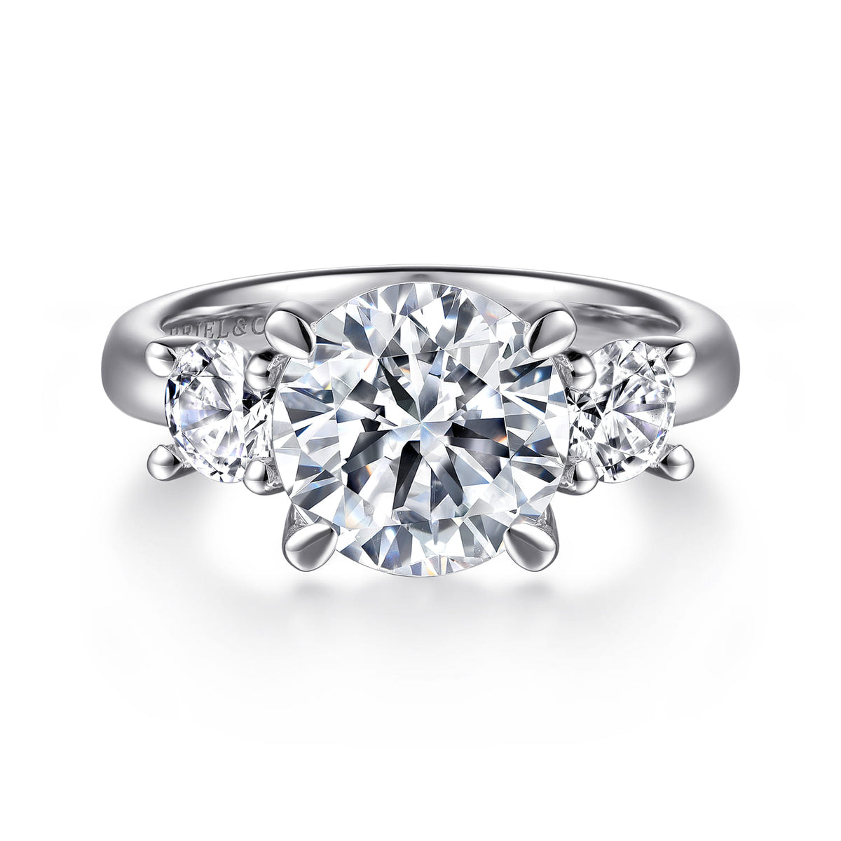 14K White Gold Round Three Stone Diamond Engagement Ring — Gabriel & Co. ER15820R12W44JJ; center stone shown for illustration, not included