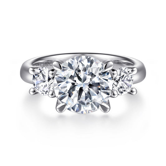 14K White Gold Round Three Stone Diamond Engagement Ring — Gabriel & Co. ER15820R12W44JJ; center stone shown for illustration, not included