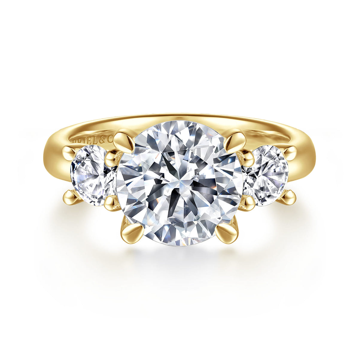 14K Yellow Gold Round Three Stone Diamond Engagement Ring — Gabriel & Co. ER15820R12Y44JJ; center stone shown for illustration, not included