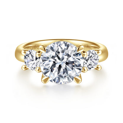 14K Yellow Gold Round Three Stone Diamond Engagement Ring — Gabriel & Co. ER15820R12Y44JJ; center stone shown for illustration, not included