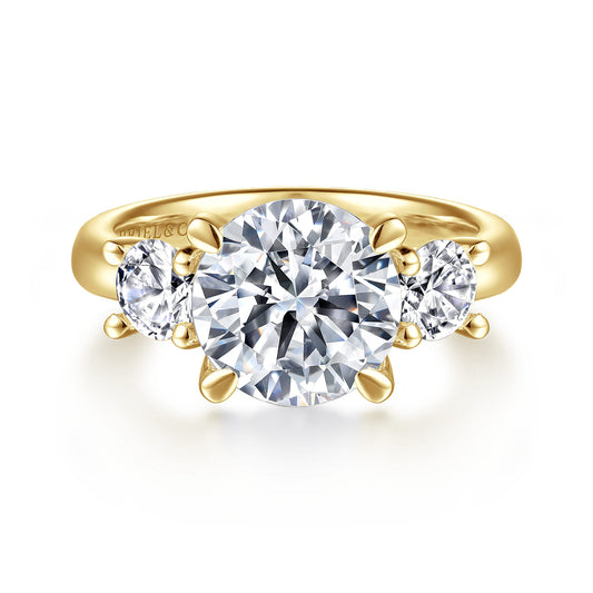 14K Yellow Gold Round Three Stone Diamond Engagement Ring — Gabriel & Co. ER15820R12Y44JJ; center stone shown for illustration, not included