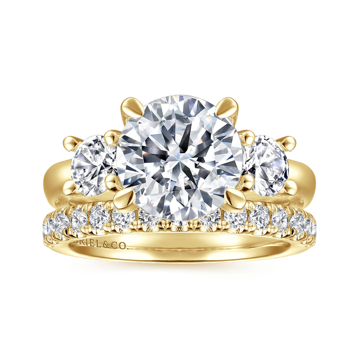 14K Yellow Gold Round Three Stone Diamond Engagement Ring — Gabriel & Co. ER15820R12Y44JJ; center stone shown for illustration, not included