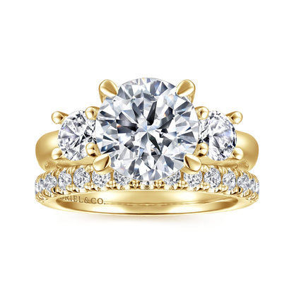 14K Yellow Gold Round Three Stone Diamond Engagement Ring — Gabriel & Co. ER15820R12Y44JJ; center stone shown for illustration, not included