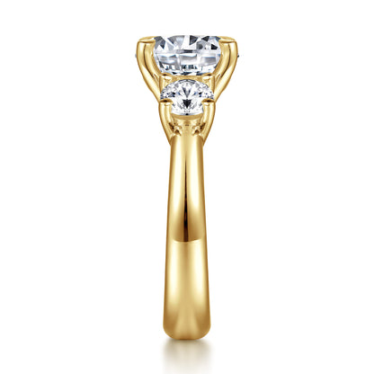 14K Yellow Gold Round Three Stone Diamond Engagement Ring — Gabriel & Co. ER15820R12Y44JJ; center stone shown for illustration, not included