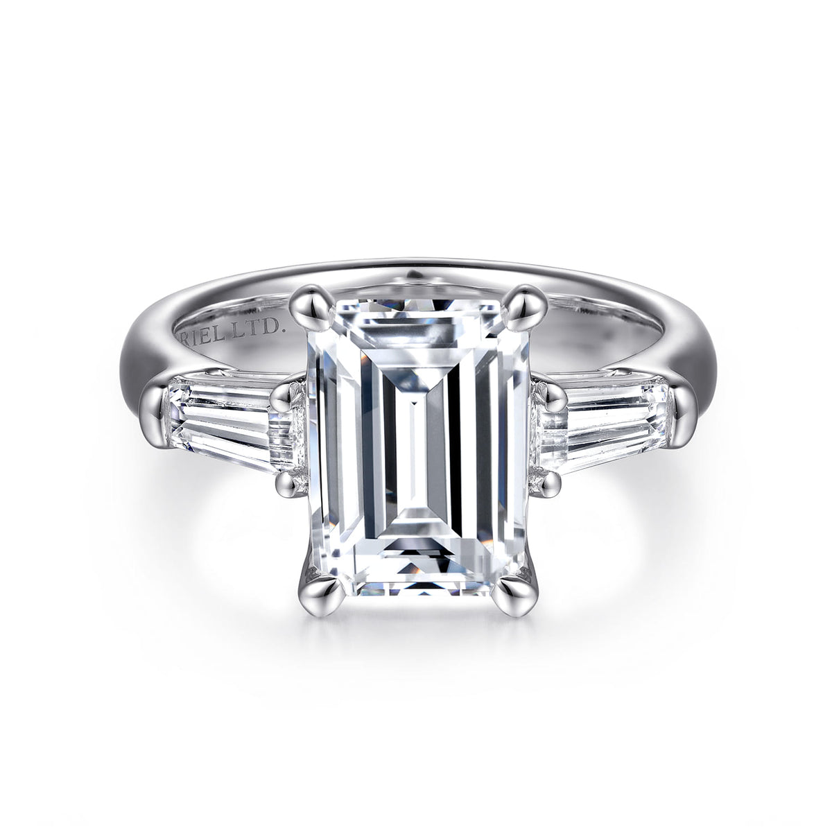 14K White Gold Emerald Cut Diamond Channel Set Engagement Ring — Gabriel & Co. ER15840E12W43JJ; center stone shown for illustration, not included