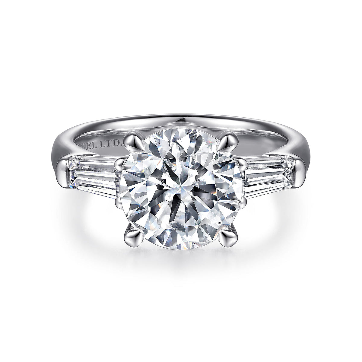 14K White Gold Round Three Stone Diamond Engagement Ring — Gabriel & Co. ER15843R12W43JJ; center stone shown for illustration, not included