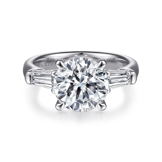 14K White Gold Round Three Stone Diamond Engagement Ring — Gabriel & Co. ER15843R12W43JJ; center stone shown for illustration, not included
