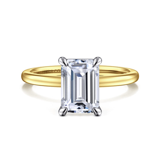 14K White-Yellow Gold Emerald Cut Solitaire Diamond Engagement Ring — Gabriel & Co. ER15960E8M4JJJ; center stone shown for illustration, not included