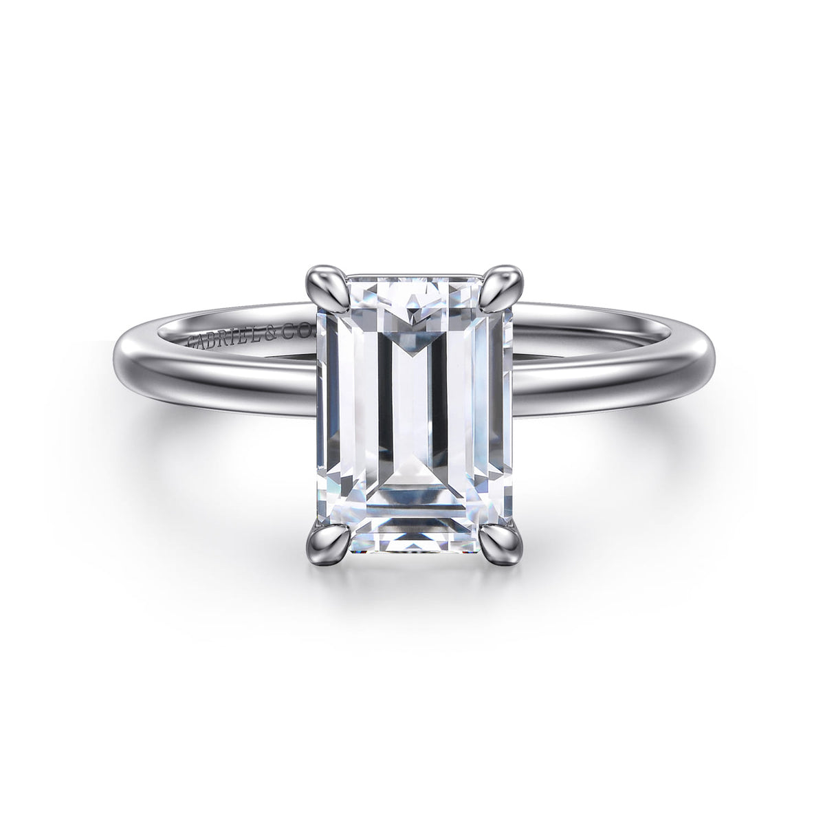 14K White Gold Emerald Cut Solitaire Diamond Engagement Ring — Gabriel & Co. ER15960E8W4JJJ; center stone shown for illustration, not included