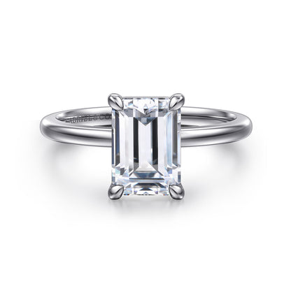 14K White Gold Emerald Cut Solitaire Diamond Engagement Ring — Gabriel & Co. ER15960E8W4JJJ; center stone shown for illustration, not included