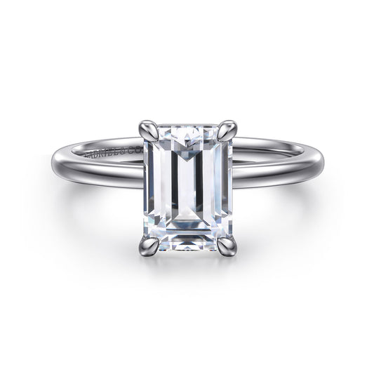 14K White Gold Emerald Cut Solitaire Diamond Engagement Ring — Gabriel & Co. ER15960E8W4JJJ; center stone shown for illustration, not included