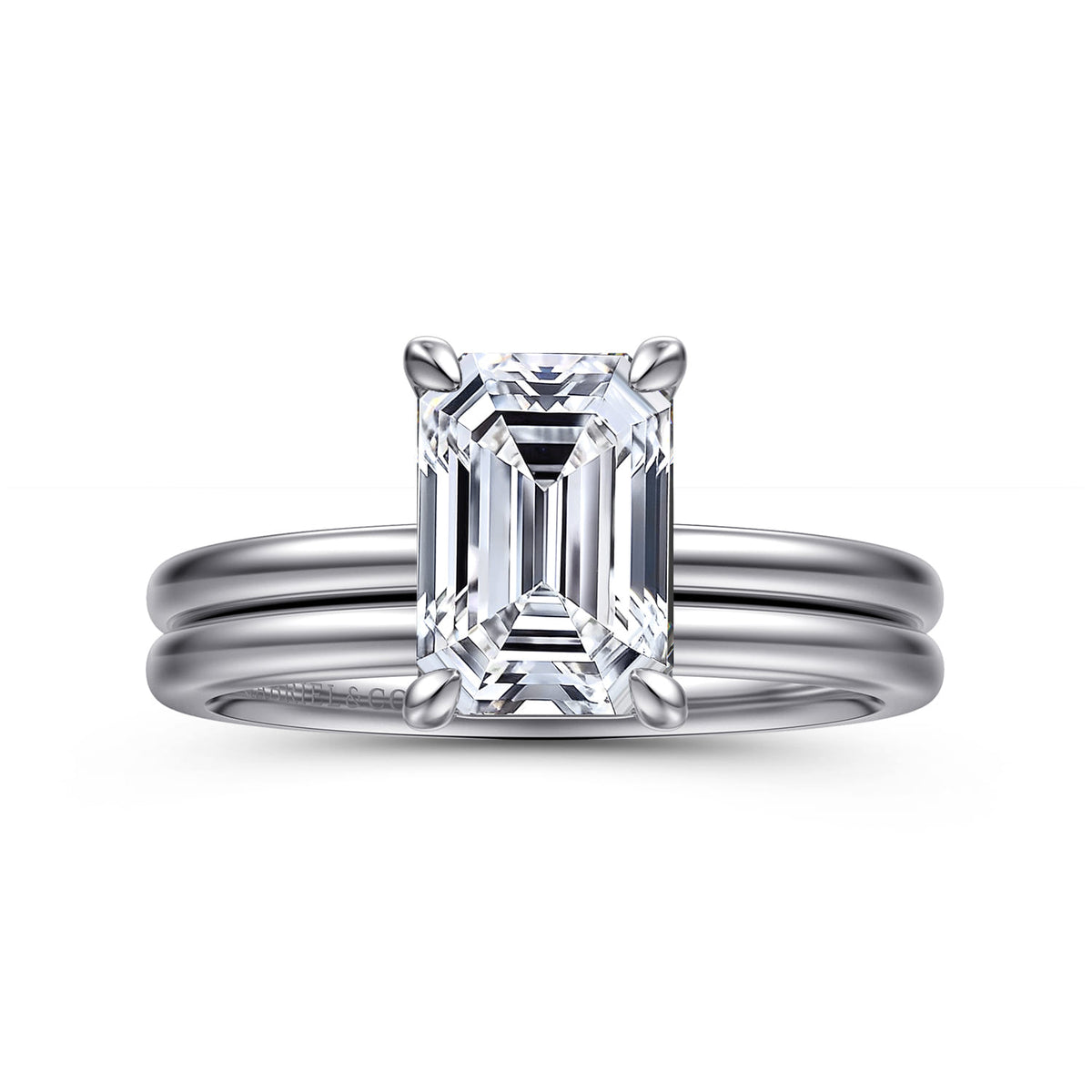 14K White Gold Emerald Cut Solitaire Diamond Engagement Ring — Gabriel & Co. ER15960E8W4JJJ; center stone shown for illustration, not included