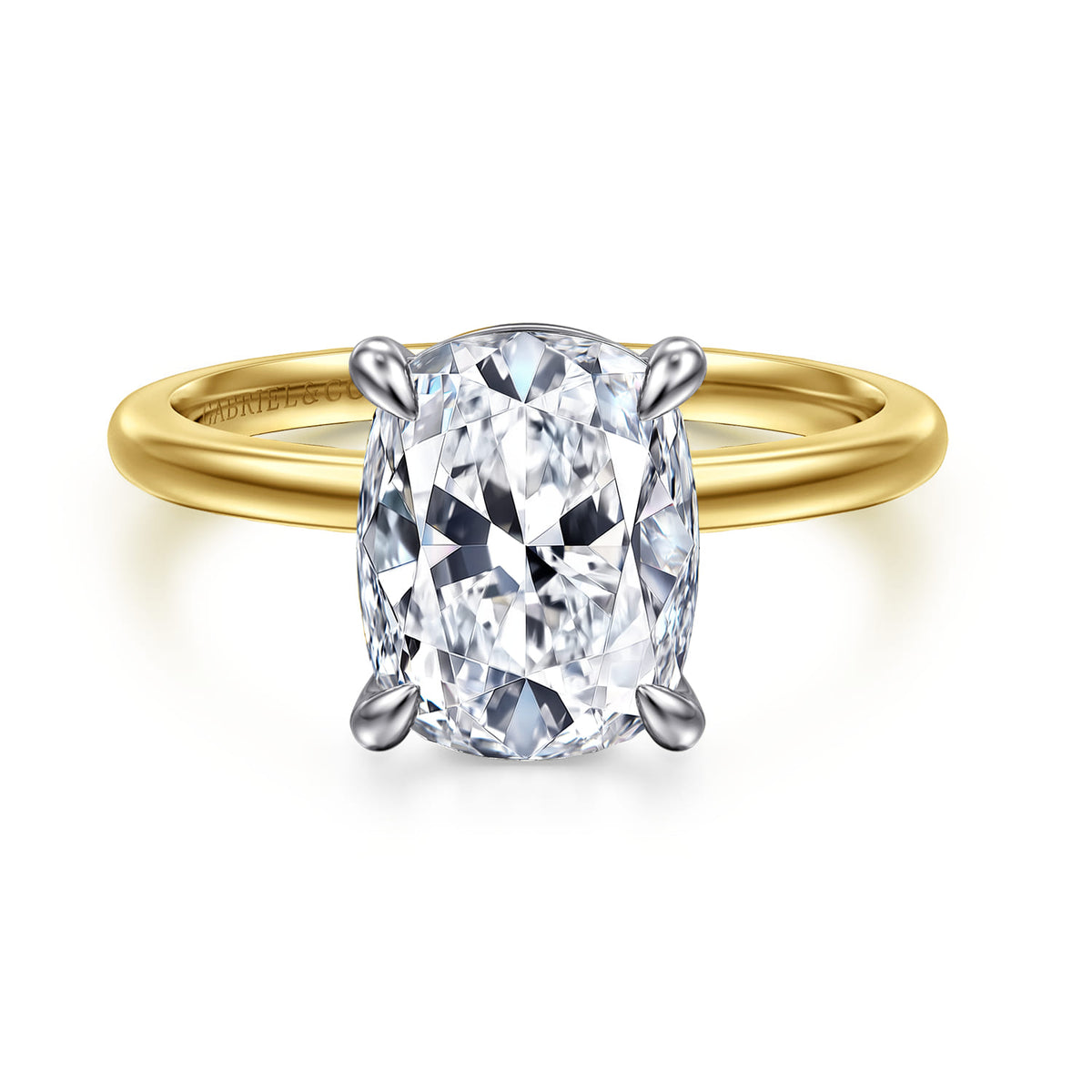 14K White-Yellow Gold Elongated Cushion Solitaire Diamond Engagement Ring — Gabriel & Co. ER15960G12M4JJJ; center stone shown for illustration, not included