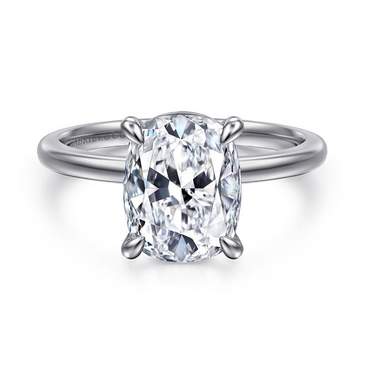 14K White Gold Elongated Cushion Solitaire Diamond Engagement Ring — Gabriel & Co. ER15960G12W4JJJ; center stone shown for illustration, not included