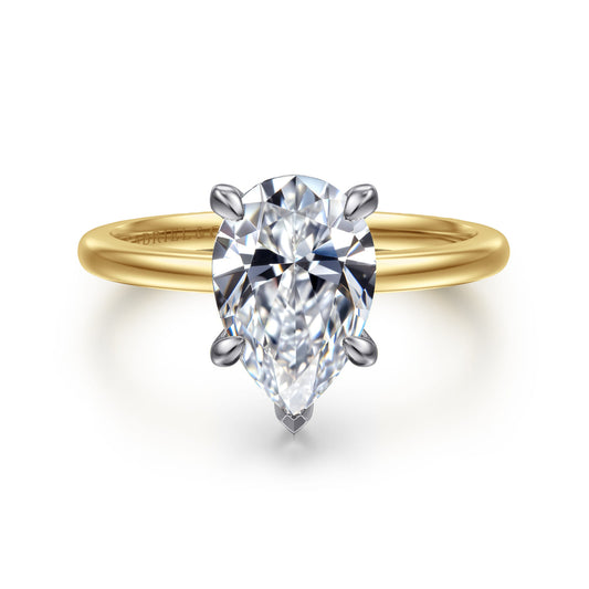 14K White-Yellow Gold Pear Shape Solitaire Diamond Engagement Ring — Gabriel & Co. ER15960P8M4JJJ; center stone shown for illustration, not included