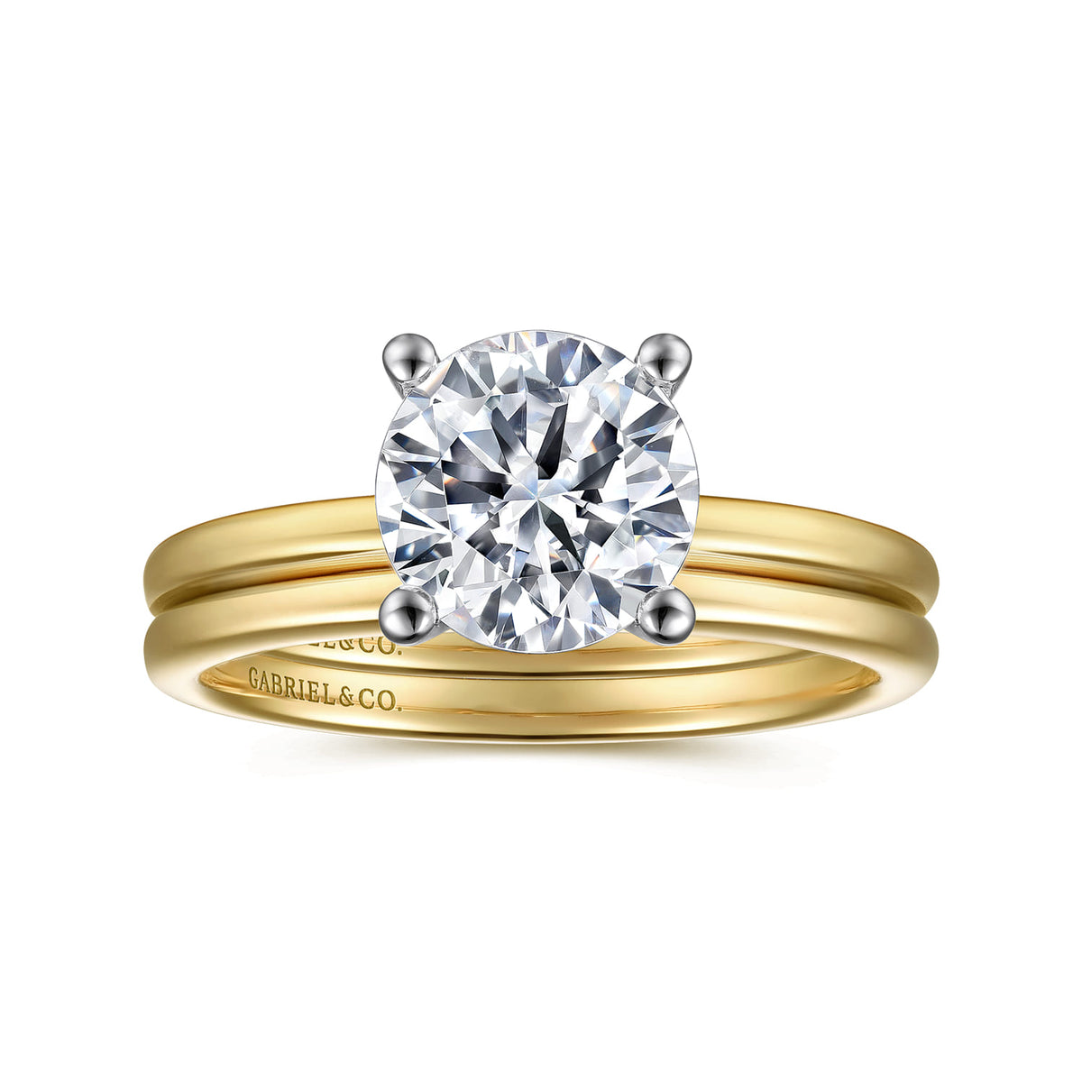 14K White-Yellow Gold Round Solitaire Diamond Engagement Ring — Gabriel & Co. ER15960R6M4JJJ; center stone shown for illustration, not included