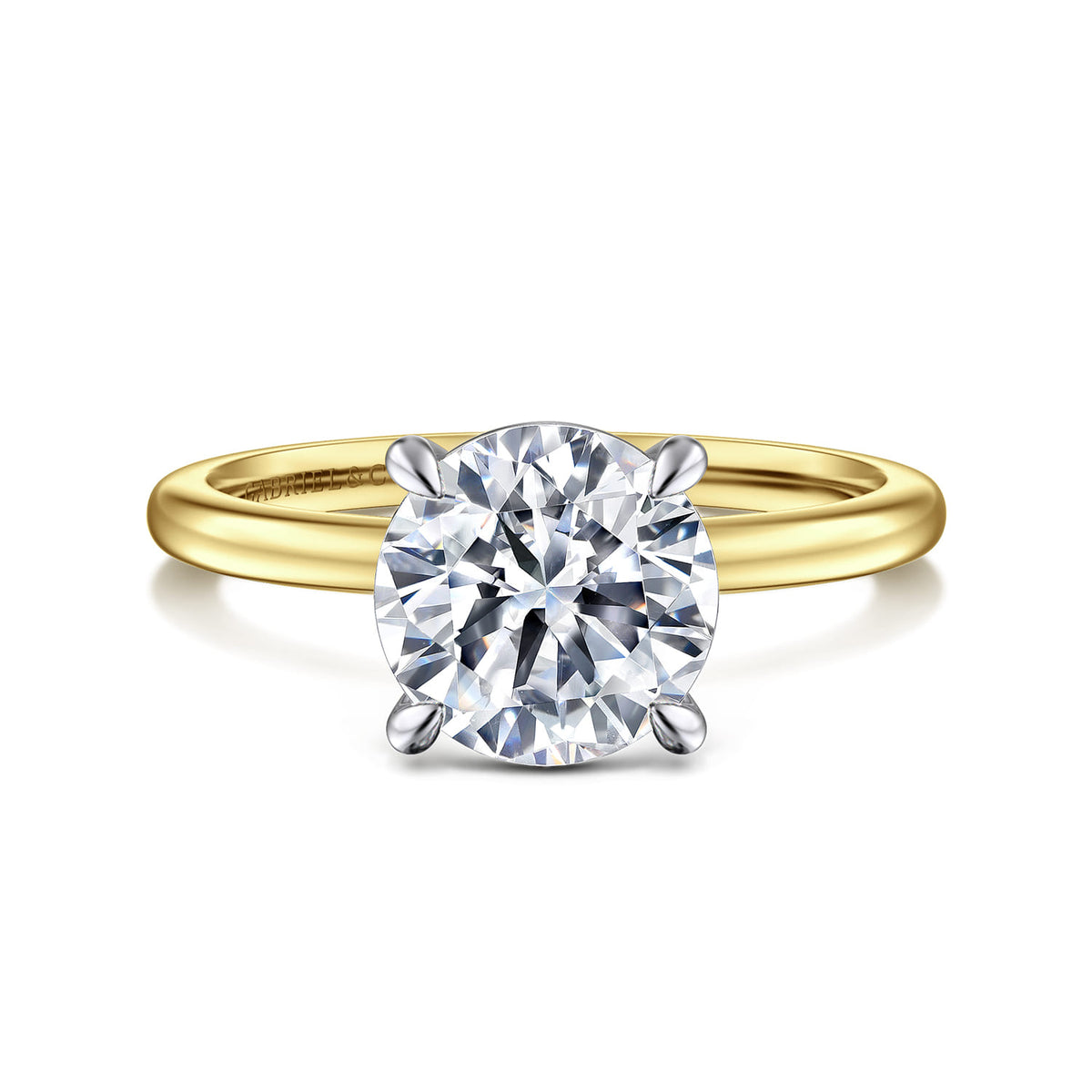 14K White-Yellow Gold Round Solitaire Diamond Engagement Ring — Gabriel & Co. ER15960R8M4JJJ; center stone shown for illustration, not included