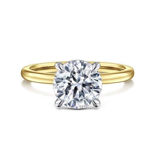14K White-Yellow Gold Round Solitaire Diamond Engagement Ring — Gabriel & Co. ER15960R8M4JJJ; center stone shown for illustration, not included