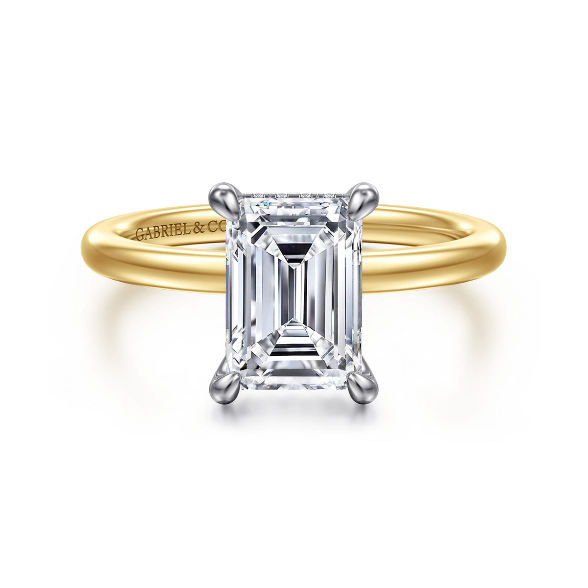 14K White-Yellow Gold  Emerald Cut Diamond Engagement Ring — Gabriel & Co. ER15972E8M44JJ; center stone shown for illustration, not included