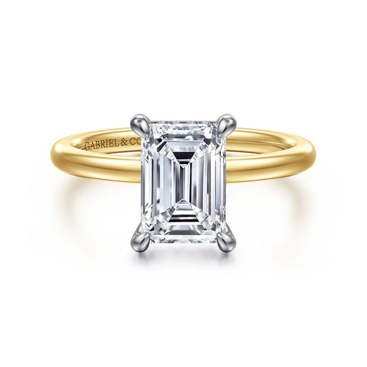 14K White-Yellow Gold  Emerald Cut Diamond Engagement Ring — Gabriel & Co. ER15972E8M44JJ; center stone shown for illustration, not included