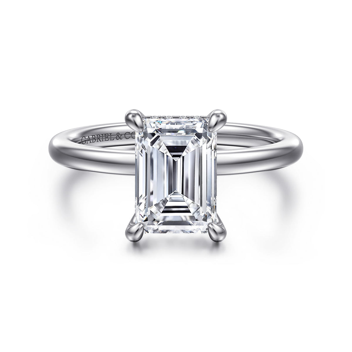 14K White Gold  Emerald Cut Diamond Engagement Ring — Gabriel & Co. ER15972E8W44JJ; center stone shown for illustration, not included