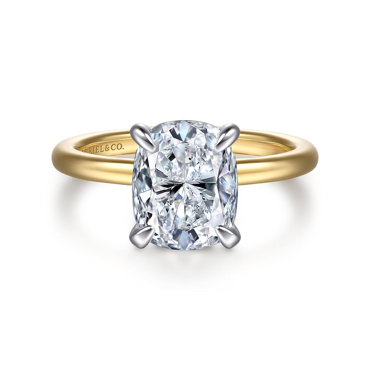 14K White-Yellow Gold  Elongated Cushion Diamond Engagement Ring — Gabriel & Co. ER15972G10M44JJ; center stone shown for illustration, not included