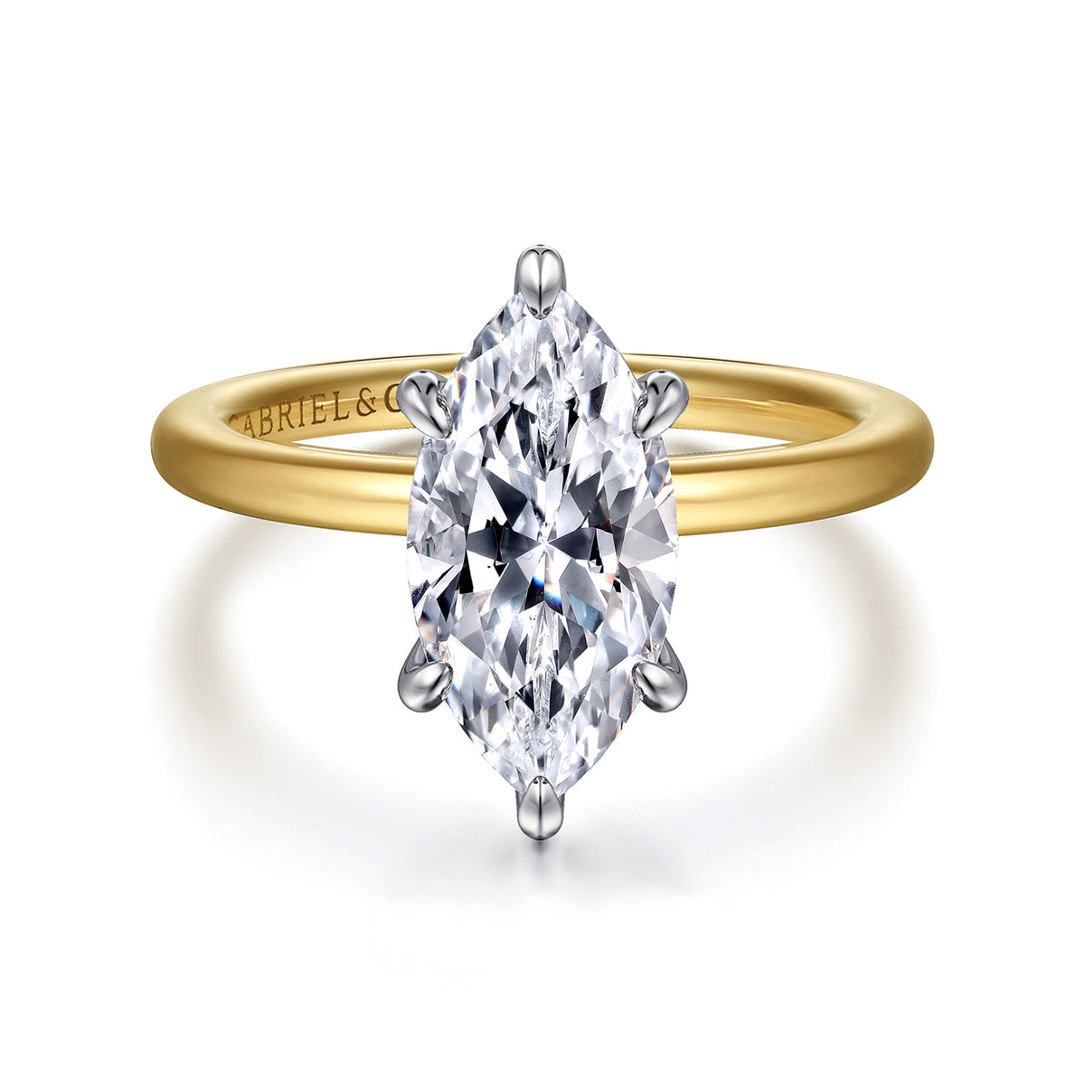 14K White-Yellow Gold 6 Prong  Marquise Shape Diamond Engagement Ring — Gabriel & Co. ER15972M8M44JJ; center stone shown for illustration, not included