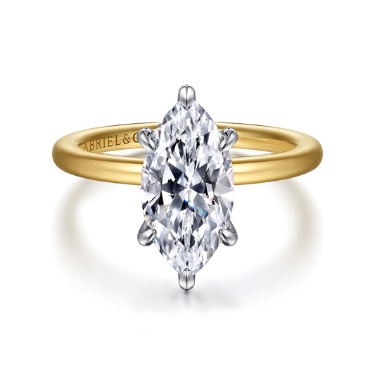 14K White-Yellow Gold 6 Prong  Marquise Shape Diamond Engagement Ring — Gabriel & Co. ER15972M8M44JJ; center stone shown for illustration, not included