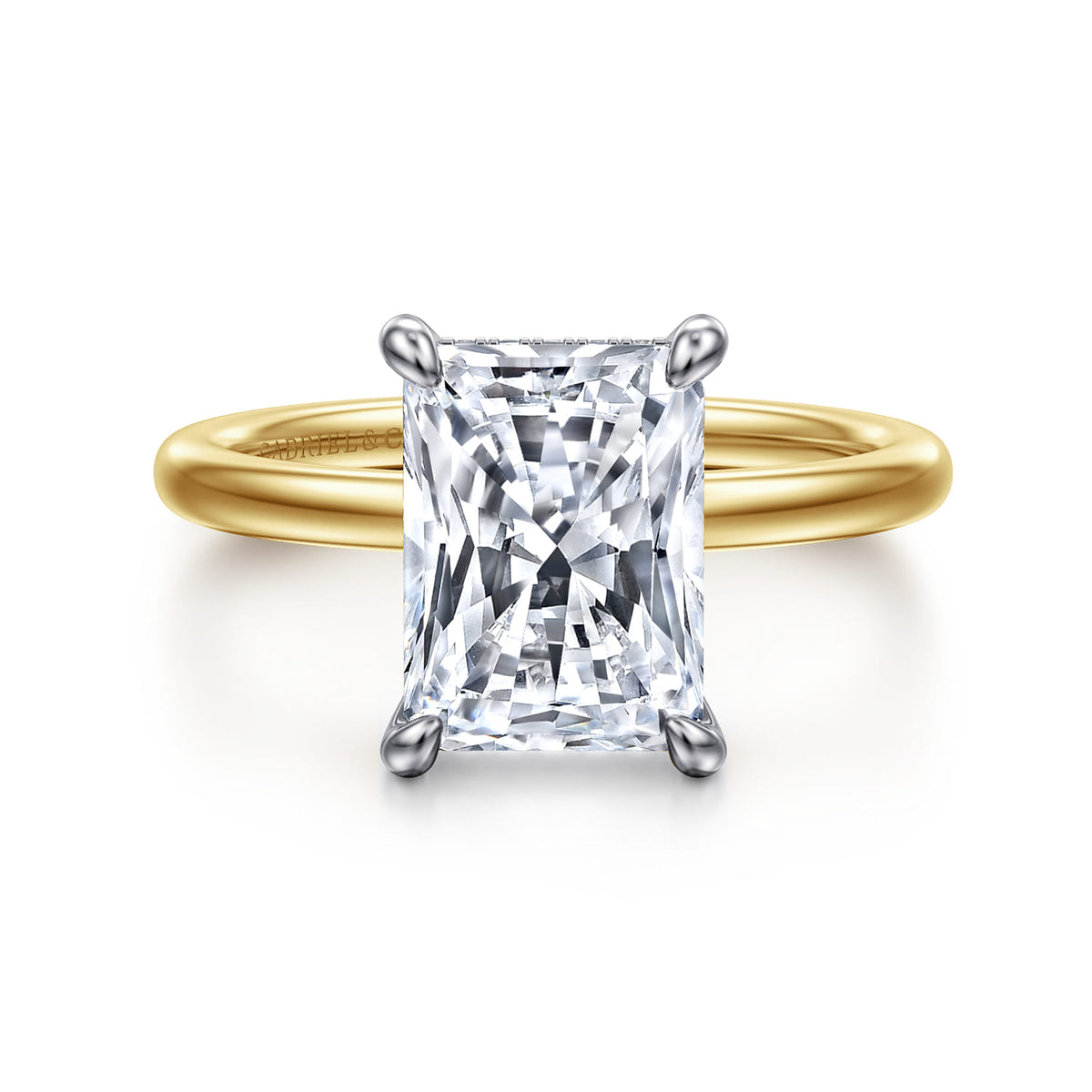 14K White-Yellow Gold  Radiant Cut Diamond Engagement Ring — Gabriel & Co. ER15972N12M44JJ; center stone shown for illustration, not included