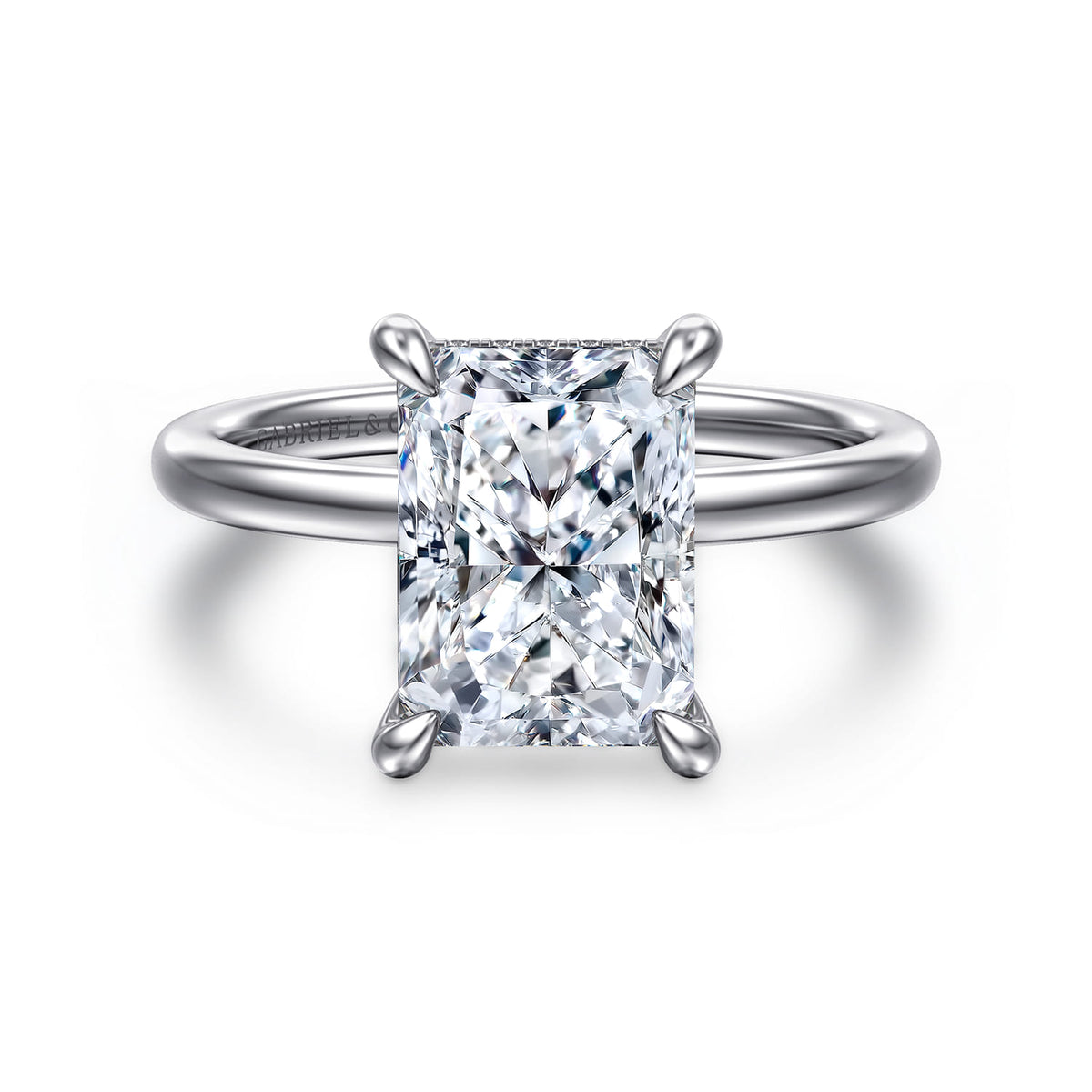 14K White Gold  Radiant Cut Diamond Engagement Ring — Gabriel & Co. ER15972N12W44JJ; center stone shown for illustration, not included