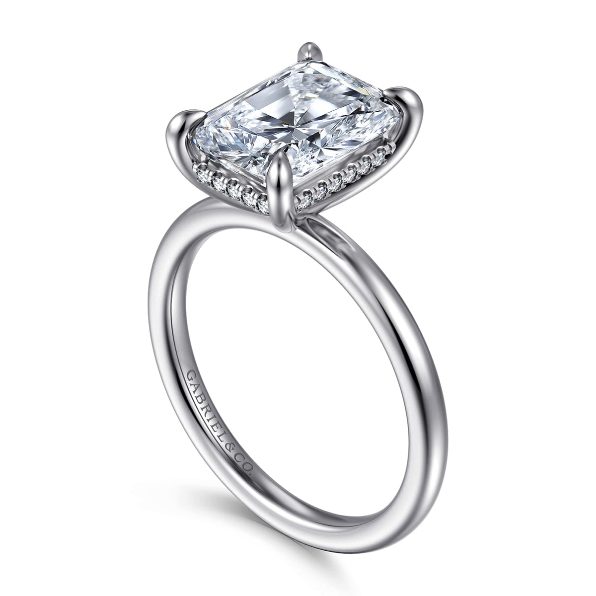 14K White Gold  Radiant Cut Diamond Engagement Ring — Gabriel & Co. ER15972N12W44JJ; center stone shown for illustration, not included