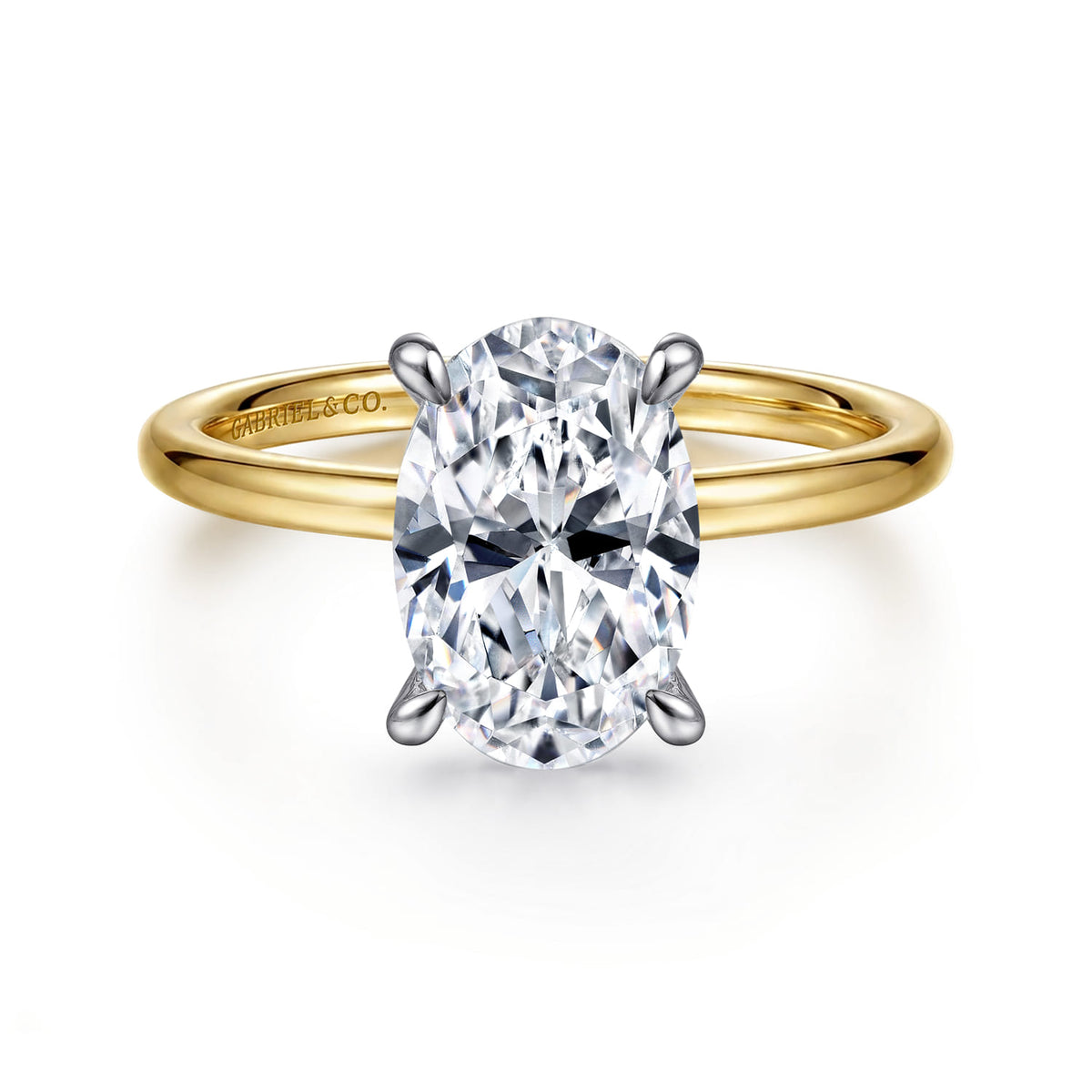 14K White-Yellow Gold Oval Solitaire Diamond Engagement Ring — Gabriel & Co. ER15972O8M44JJ; center stone shown for illustration, not included