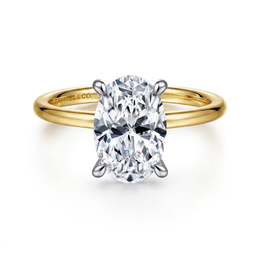 14K White-Yellow Gold Oval Solitaire Diamond Engagement Ring — Gabriel & Co. ER15972O8M44JJ; center stone shown for illustration, not included