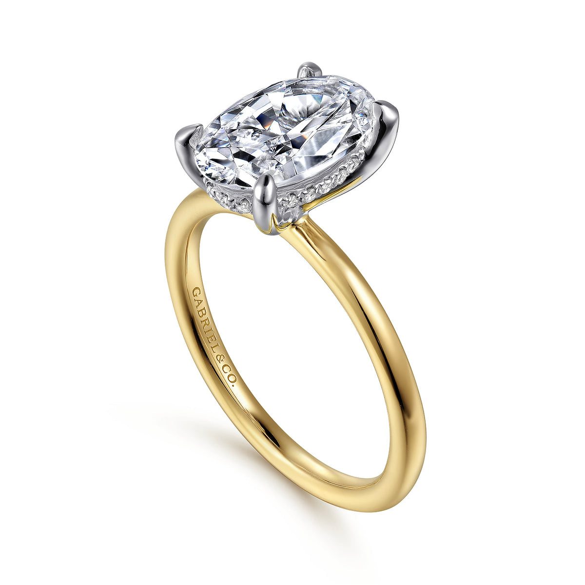 14K White-Yellow Gold Oval Solitaire Diamond Engagement Ring — Gabriel & Co. ER15972O8M44JJ; center stone shown for illustration, not included