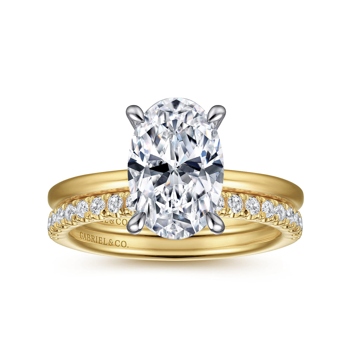 14K White-Yellow Gold Oval Solitaire Diamond Engagement Ring — Gabriel & Co. ER15972O8M44JJ; center stone shown for illustration, not included
