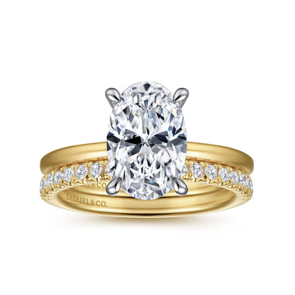 14K White-Yellow Gold Oval Solitaire Diamond Engagement Ring — Gabriel & Co. ER15972O8M44JJ; center stone shown for illustration, not included