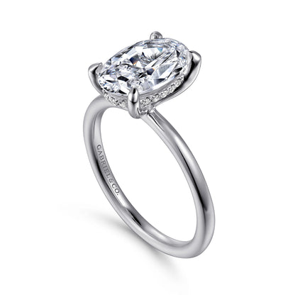 Platinum  Oval Diamond Engagement Ring — Gabriel & Co. ER15972O8PT4JJ; center stone shown for illustration, not included