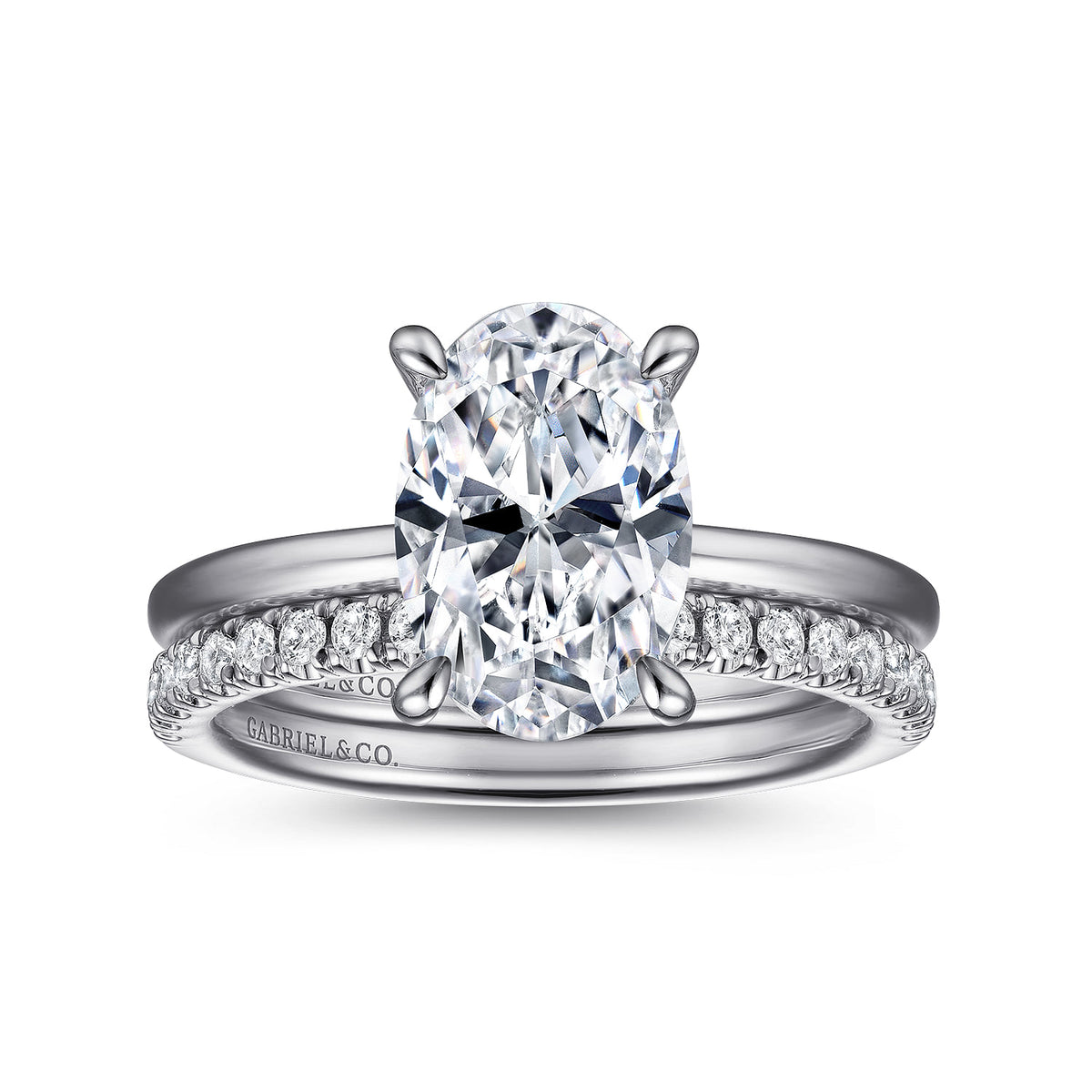 Platinum  Oval Diamond Engagement Ring — Gabriel & Co. ER15972O8PT4JJ; center stone shown for illustration, not included