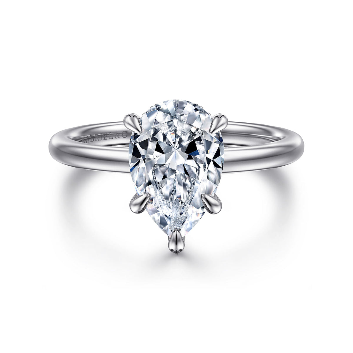 14K White Gold Pear Shape Diamond Engagement Ring — Gabriel & Co. ER15972P8W44JJ; center stone shown for illustration, not included