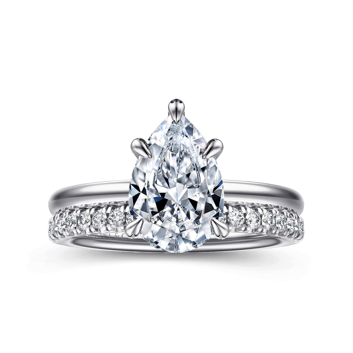 14K White Gold Pear Shape Diamond Engagement Ring — Gabriel & Co. ER15972P8W44JJ; center stone shown for illustration, not included